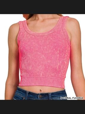 Zenana Coral Fushia Ribbed Cropped Seamless Scoop Tank Sz S/M NWOT